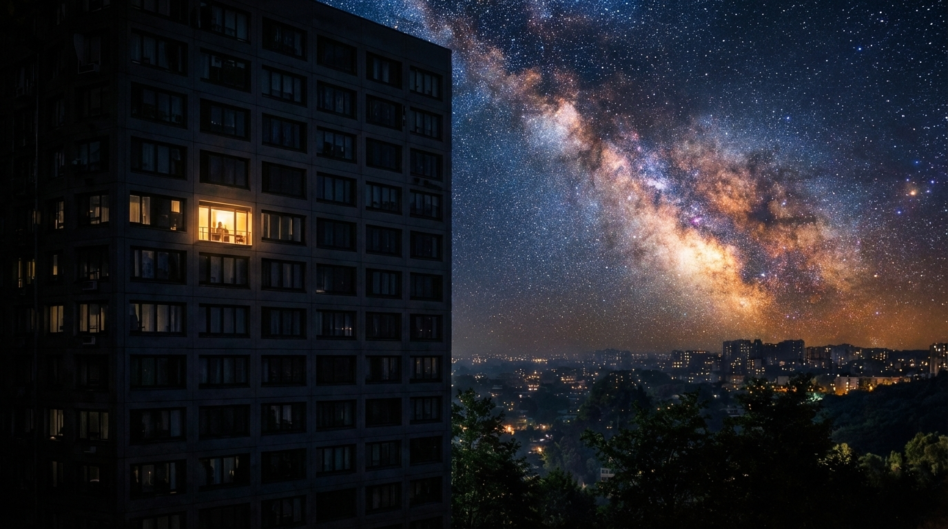 Night house scene with studio light on